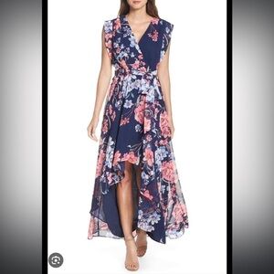Eliza J EJ9-1112 Floral High/Low Faux Wrap Chiffon Dress SZ 2p navy